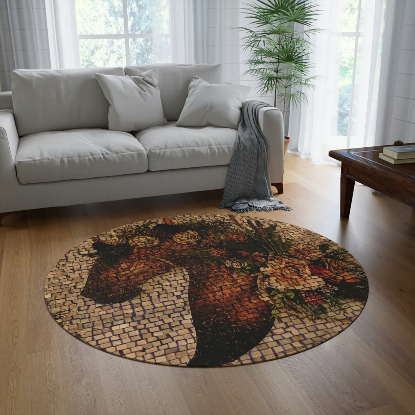 Mosaic Floral Equestrian Round Rug