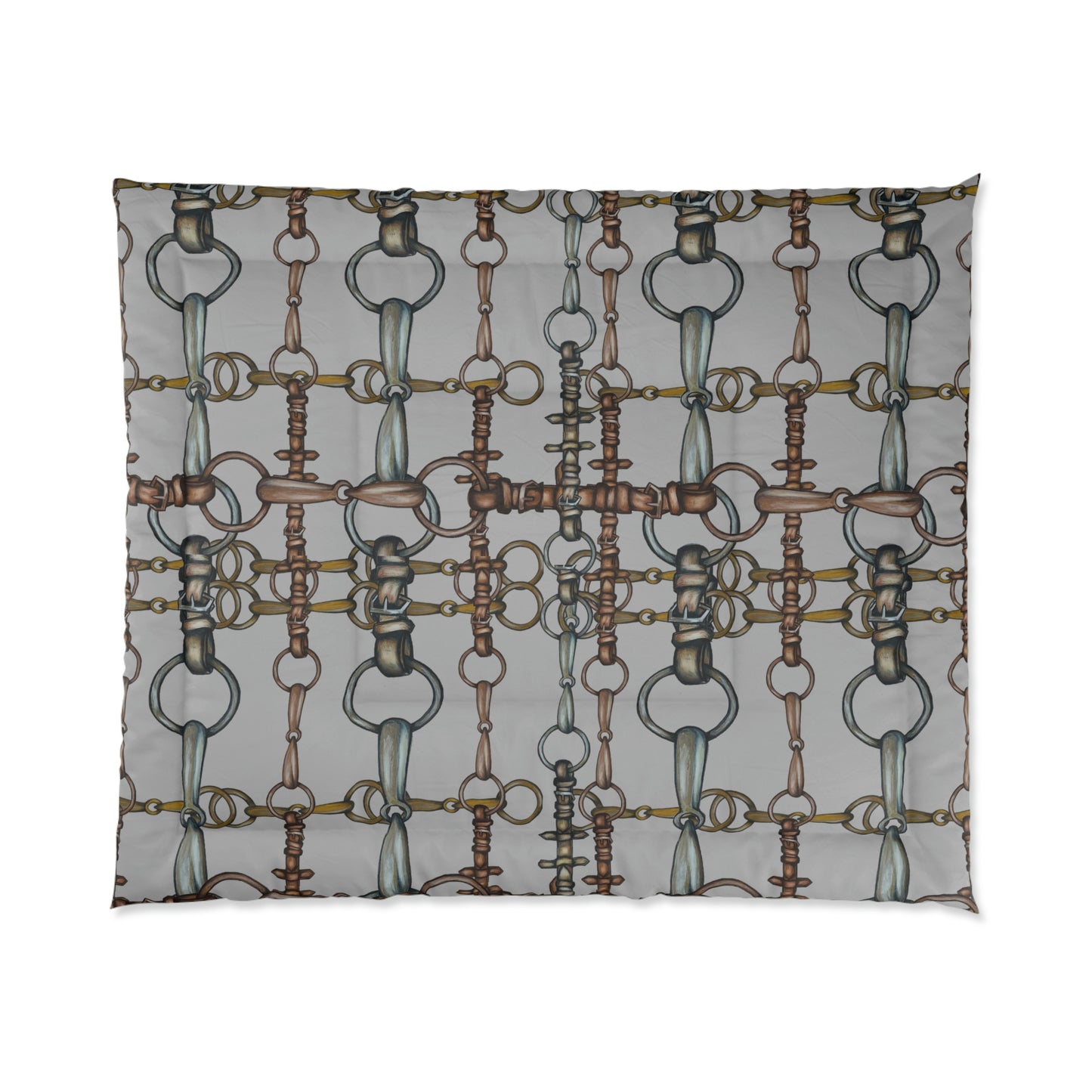 Gray Snaffle Bit Motif Art Comforter. Equestrian Bit and Reins art Comforter