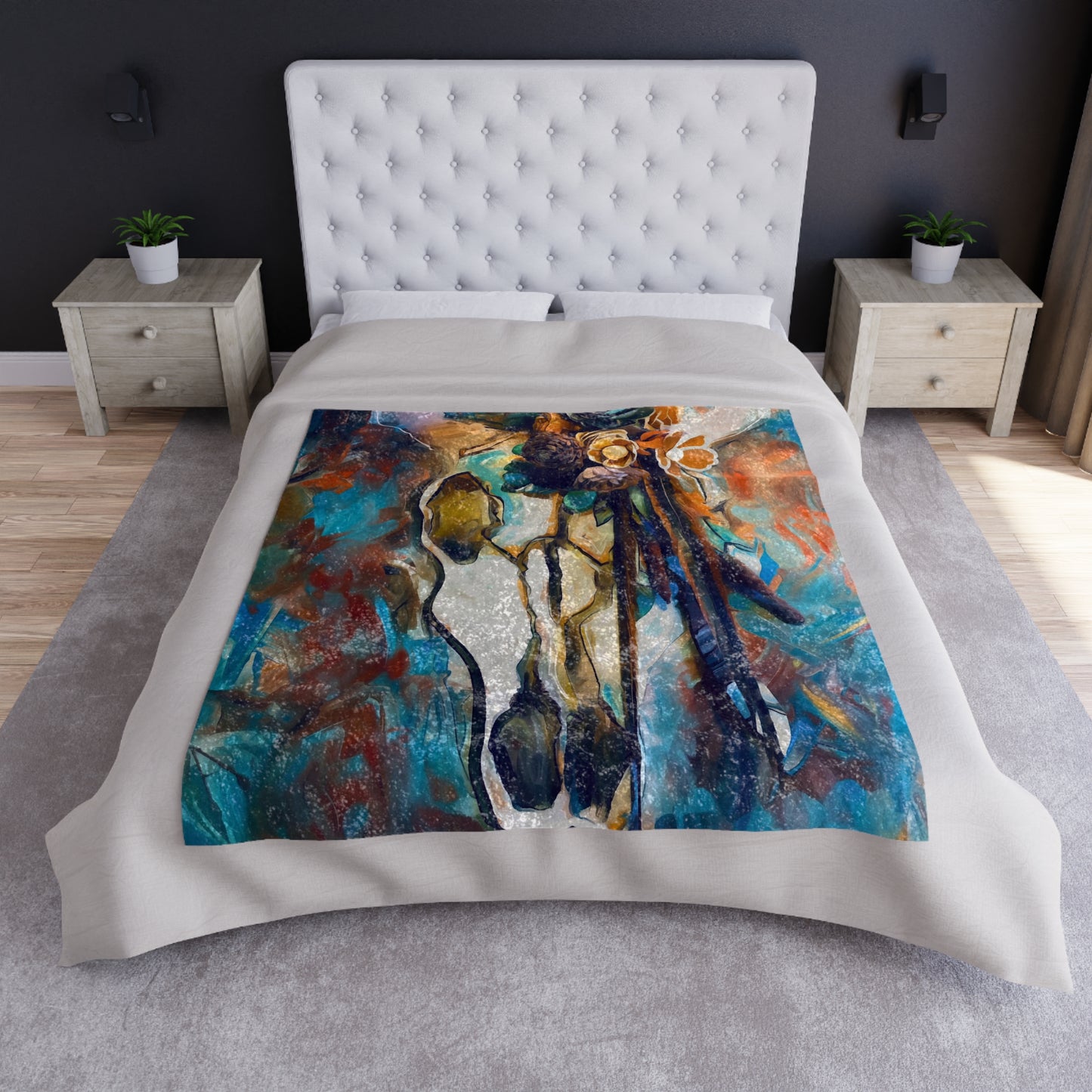 SouthWestern Indian Horse Design on a Velvet Throw for Bed or Couch