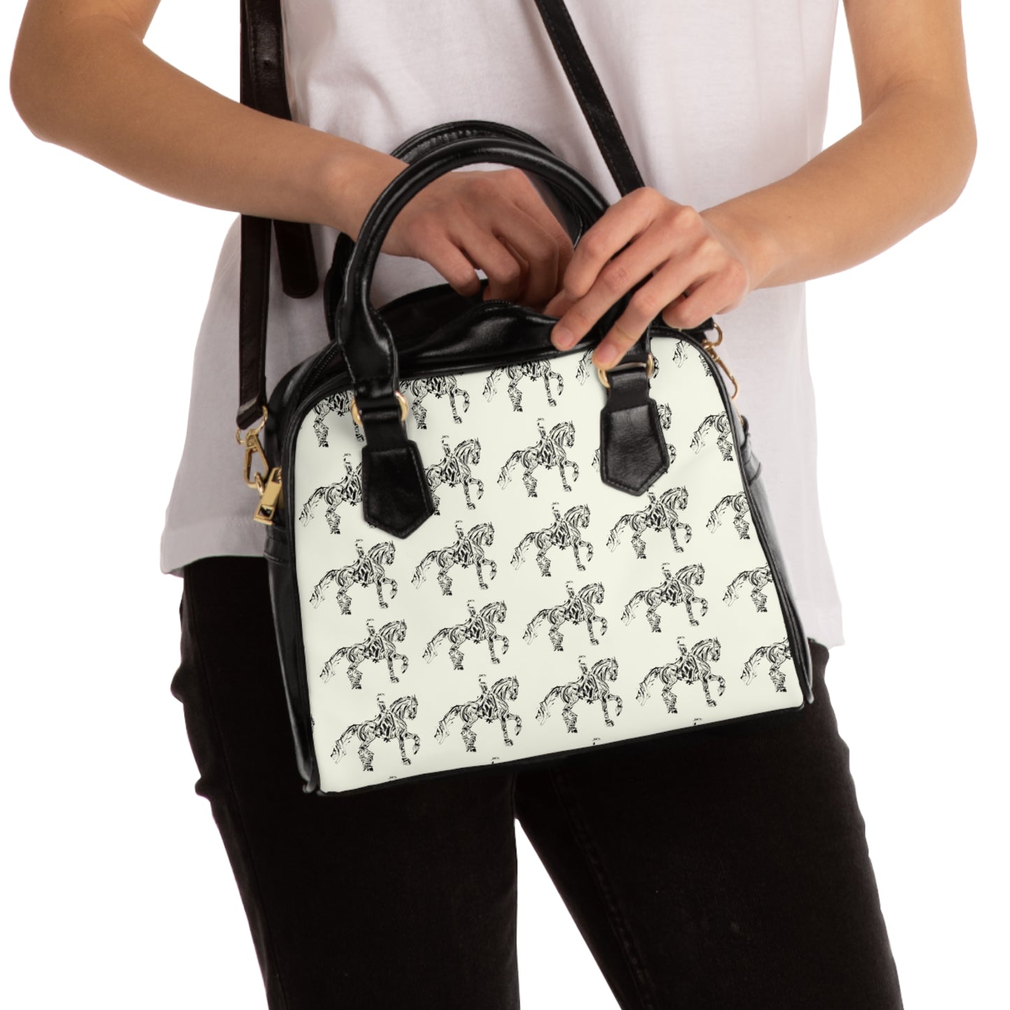 Ivory Dressage Horse Motif Shoulder Handbag/Purse