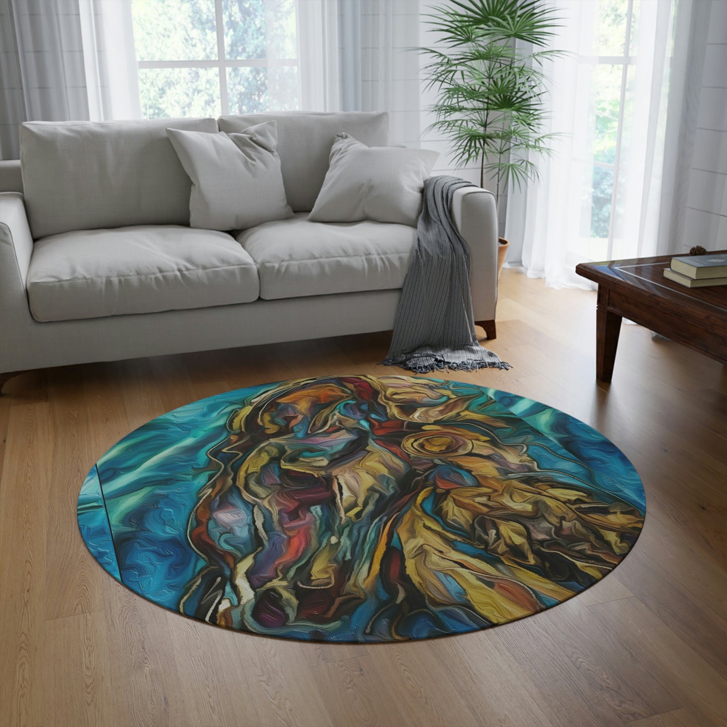 Original Equestrian Art Round Rug. Blue Indian Horse Rug/Mat. My original Artwork printed on a rug. Home Decor. Show Stall Mat
