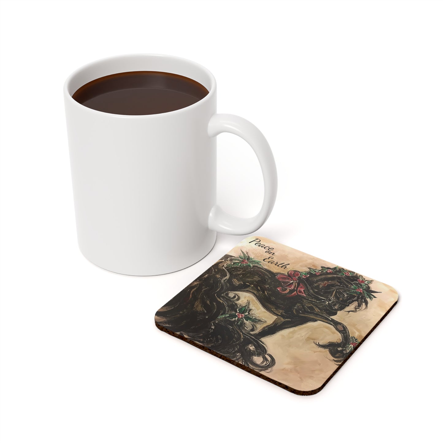 Christmas Friesian Horse Peace on Earth Corkwood Coaster Set one coaster only