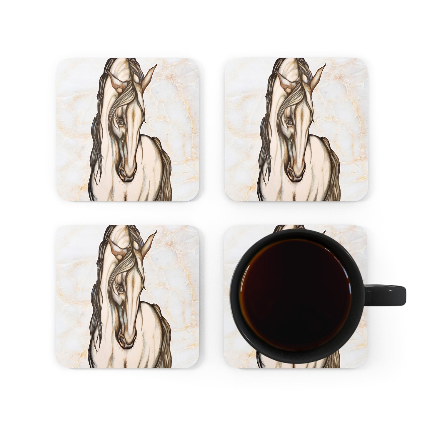 Magnificent White Andalusian Horse White/Gold Marble Corkwood Coaster Set