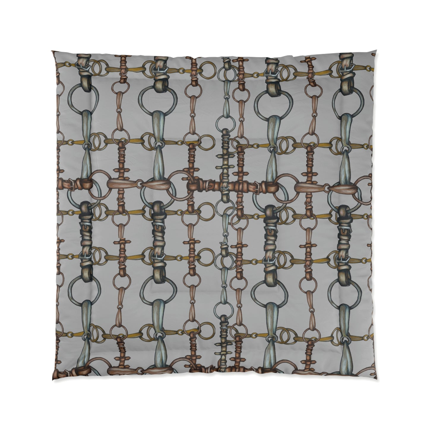 Gray Snaffle Bit Motif Art Comforter. Equestrian Bit and Reins art Comforter