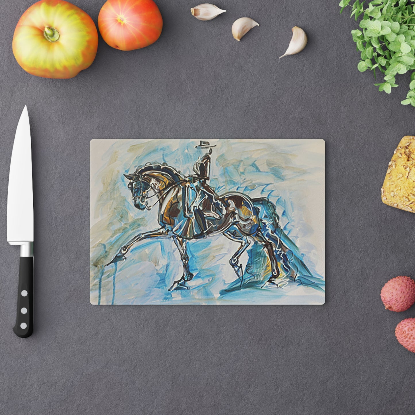 Blue Toned Dressage Horse in Extended Trot Kitchen Cutting Board