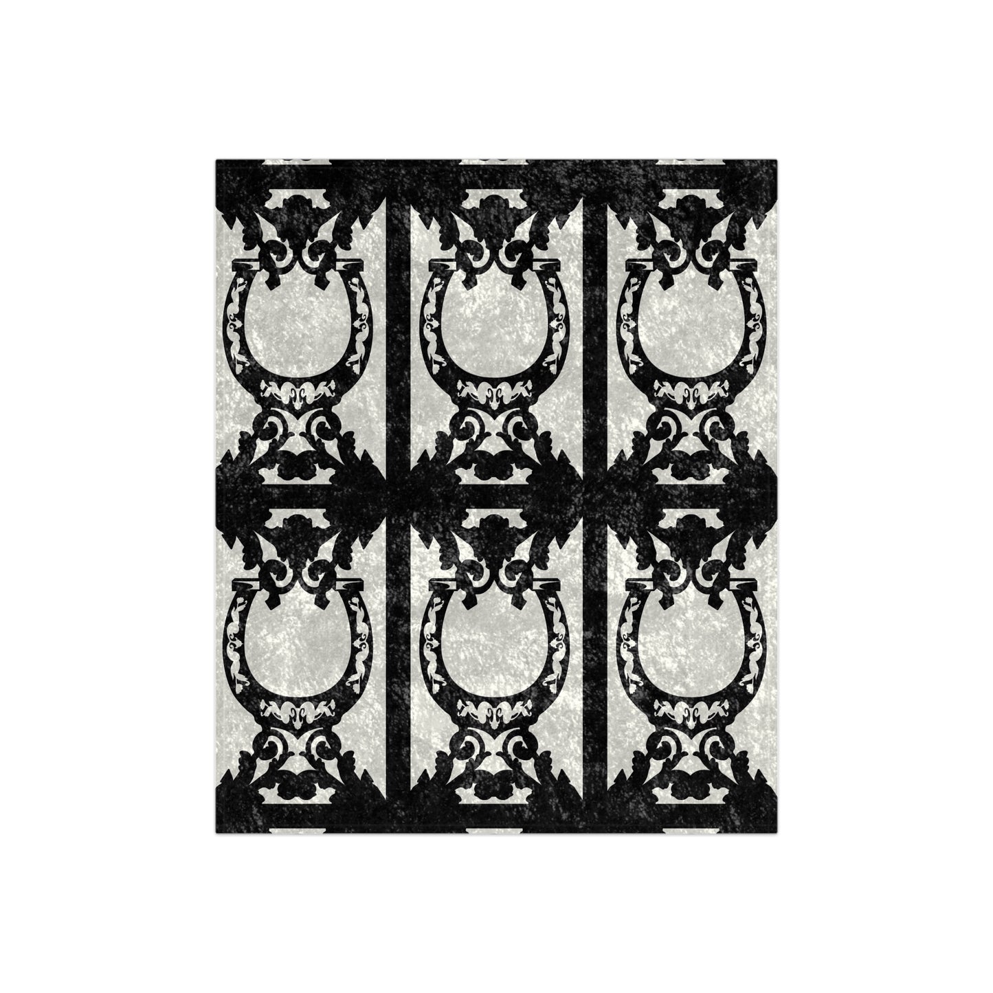 Ivory and Black Horse Shoe Equestrian Motif Crushed Velvet Blanket
