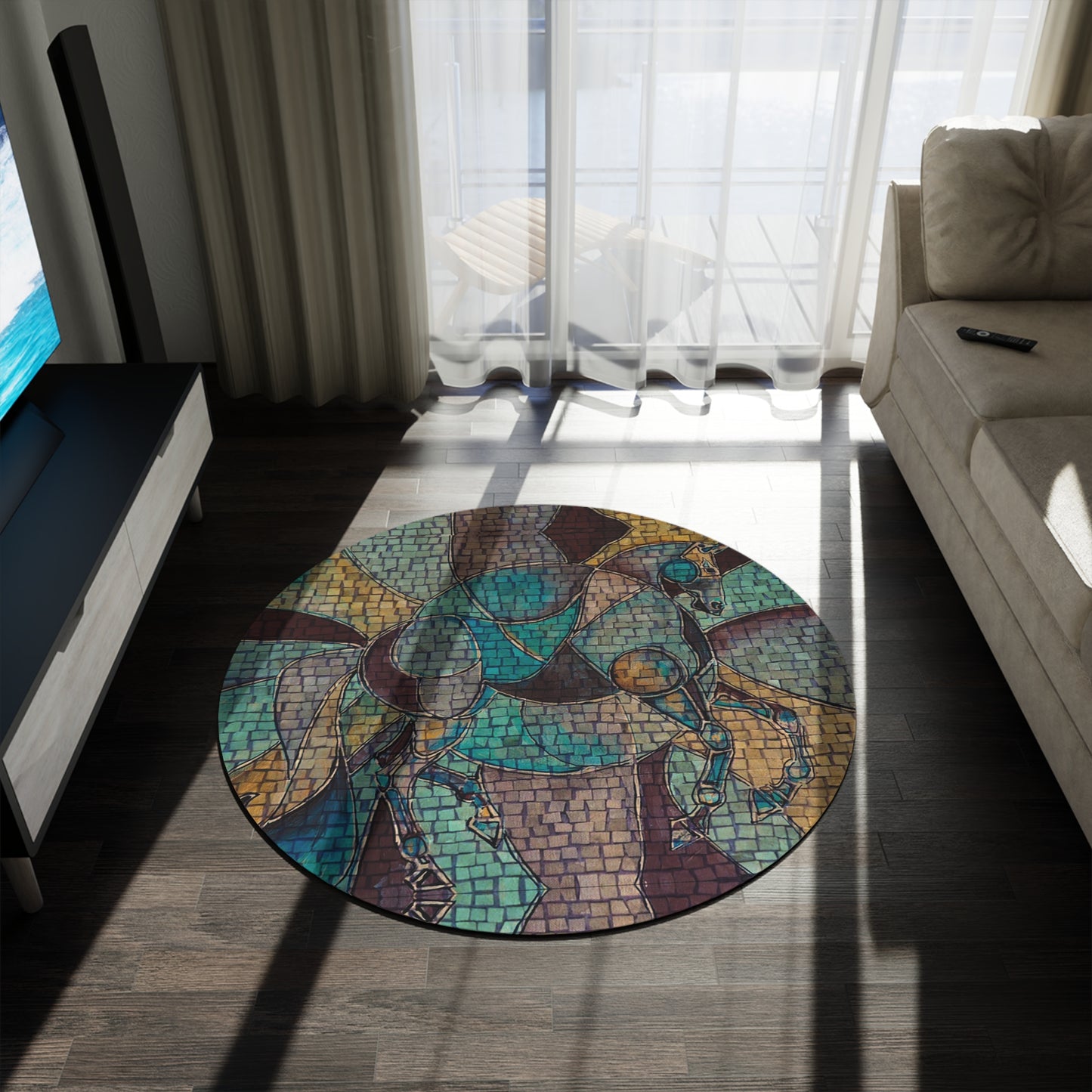 Blue Mosaic Artistic Horse Painting Round Rug