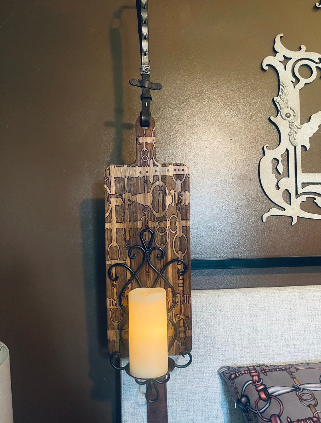 Snaffle Bit Authentic Leather Rein Hanging Cutting Board Sconce