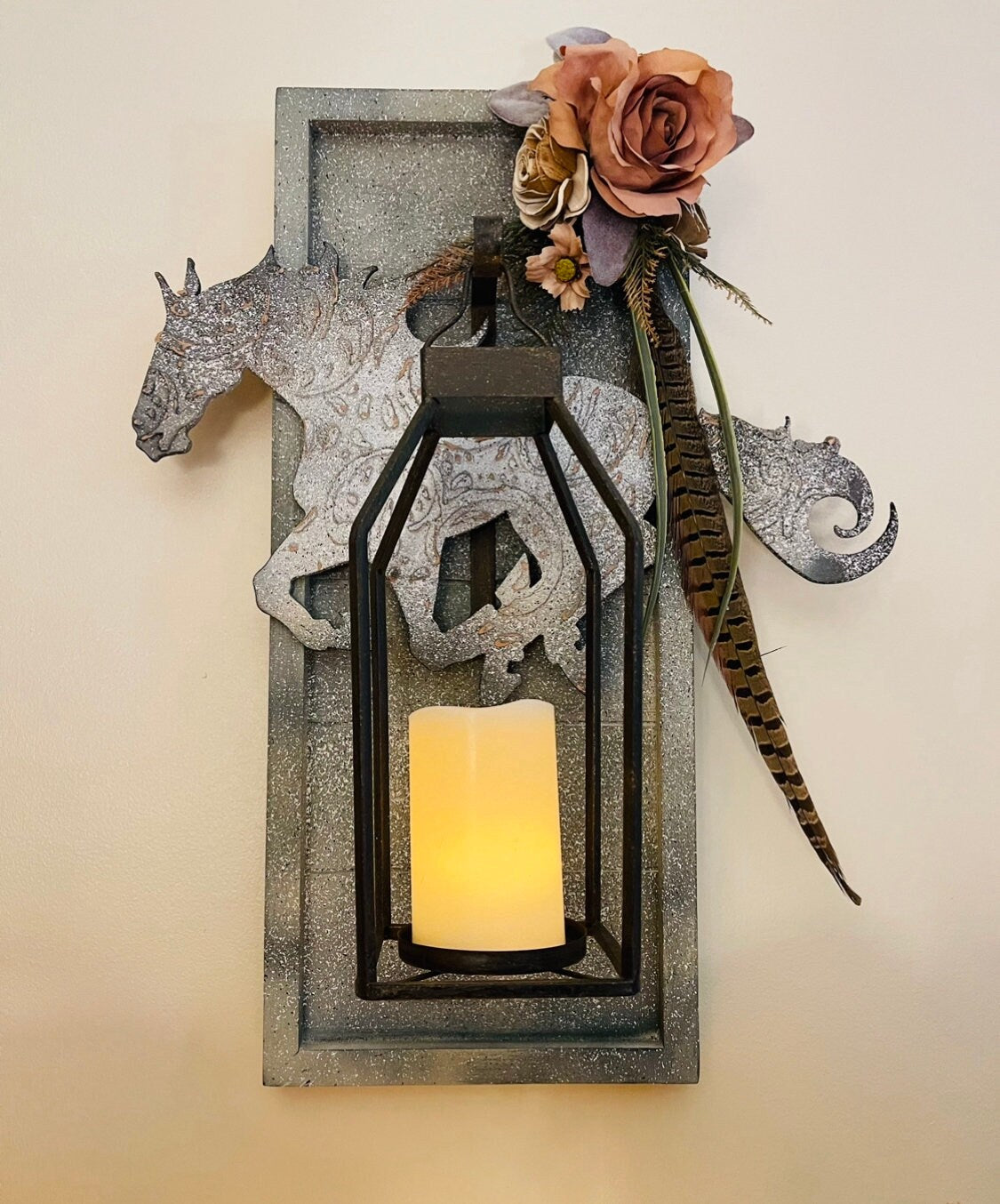 Southwestern Stone-Look Cantering Horse Sconce with Feather