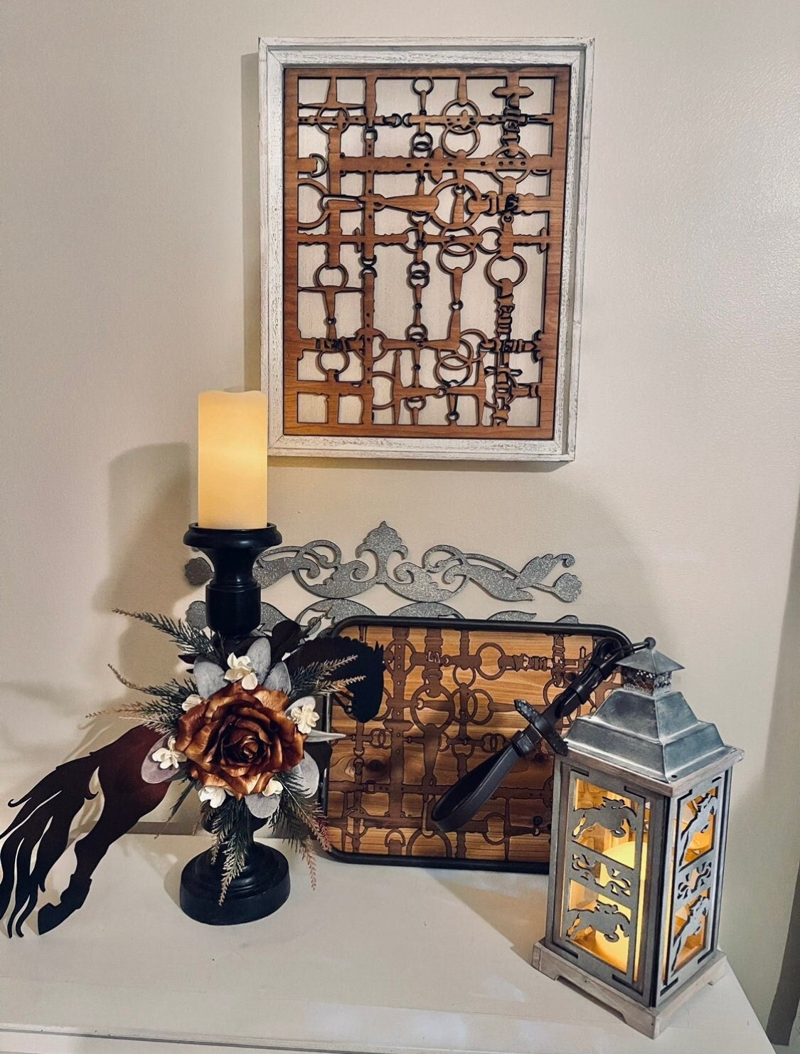 Equestrian Snaffle Bit & Reins Wood Framed 3D Wall Art w/ Wood Inlay