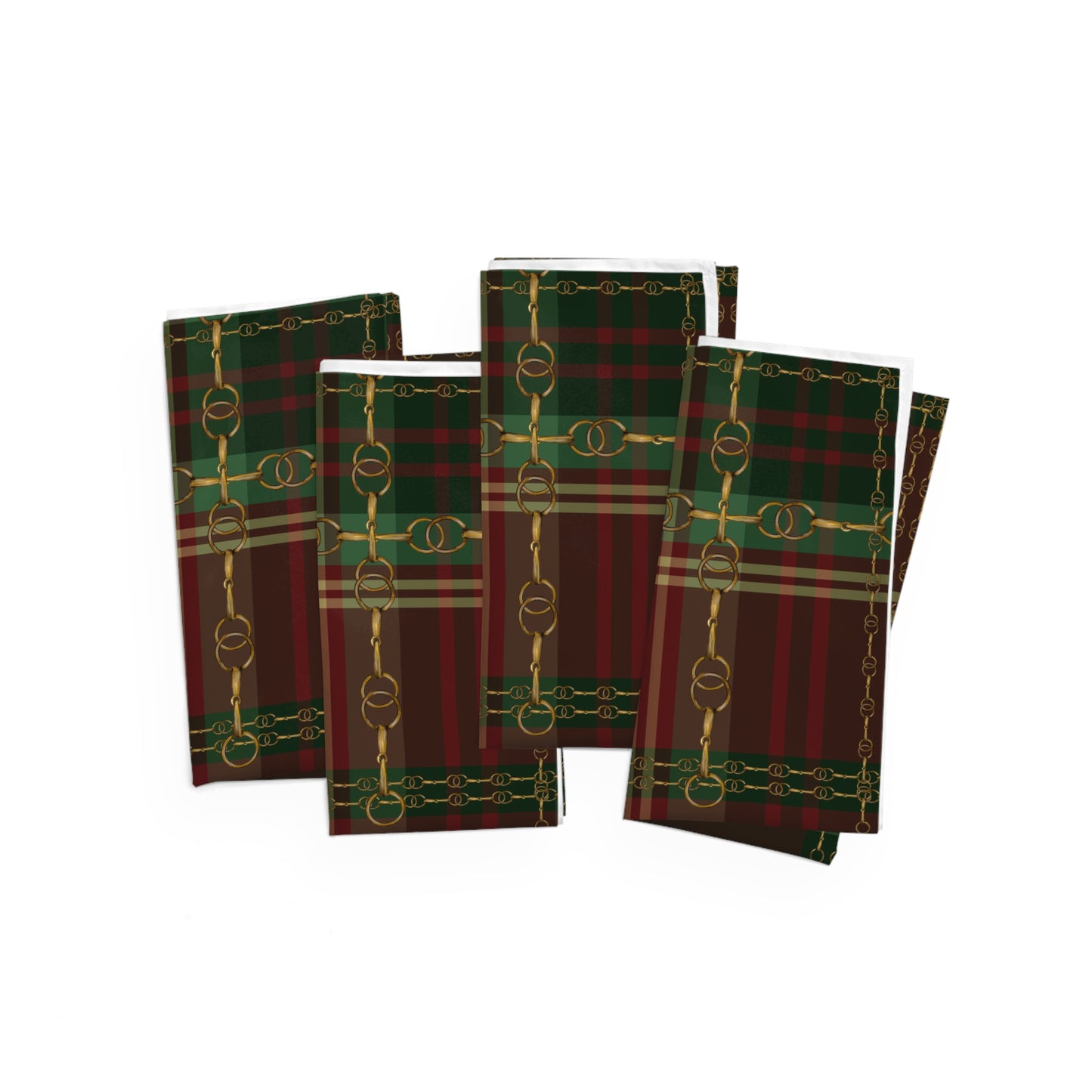 Christmas Plaid Fox and Hound Hunter Green Plaid with silver Bits and Reins Artwork  Rustic Christmas Napkins (Set of 4)