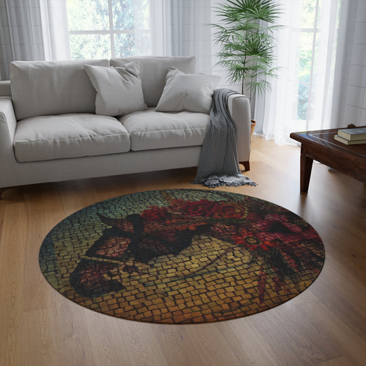 Horse and Flower Mosaic Artistic Equestrian Expression Round Rug