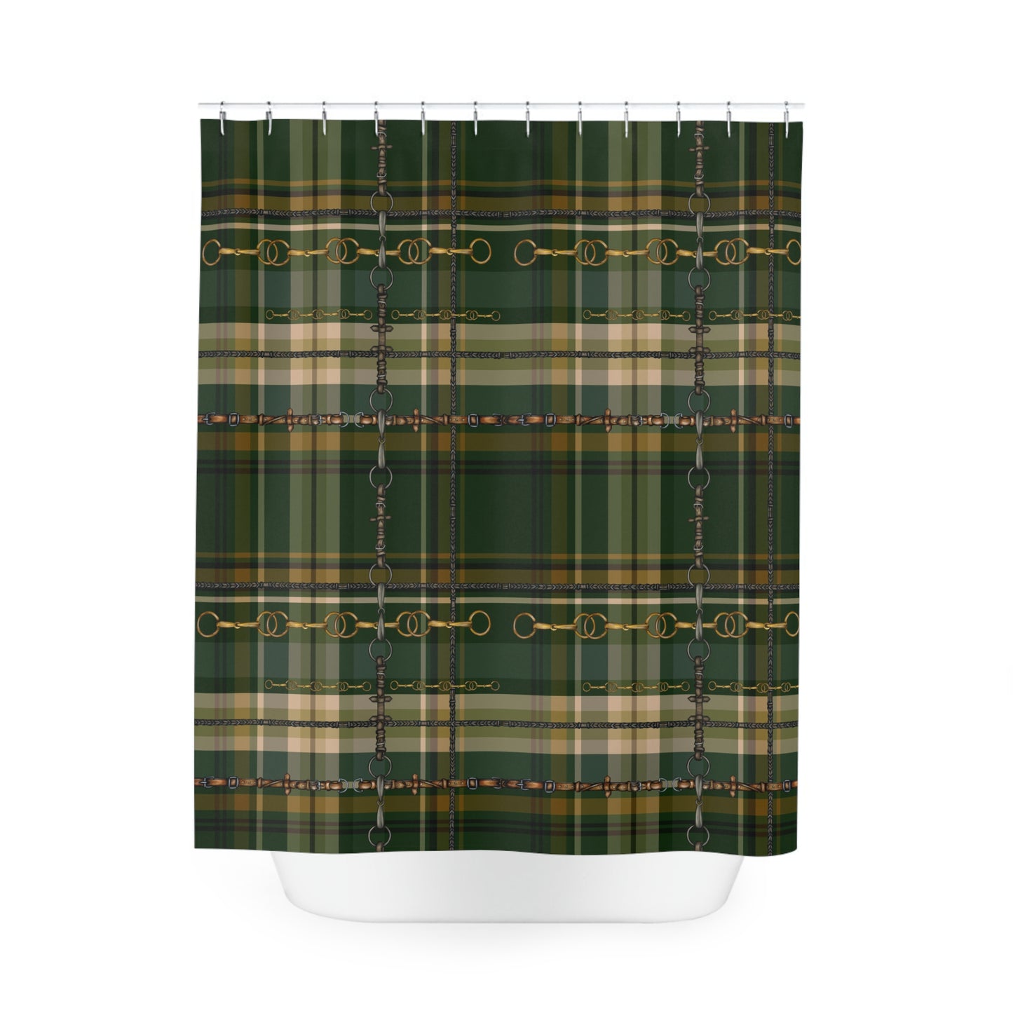 Hunter Green Plaid and Snaffle bit and stirrup pattern Polyester Shower Curtain. My original equestrian art work printed on a shower curtain.