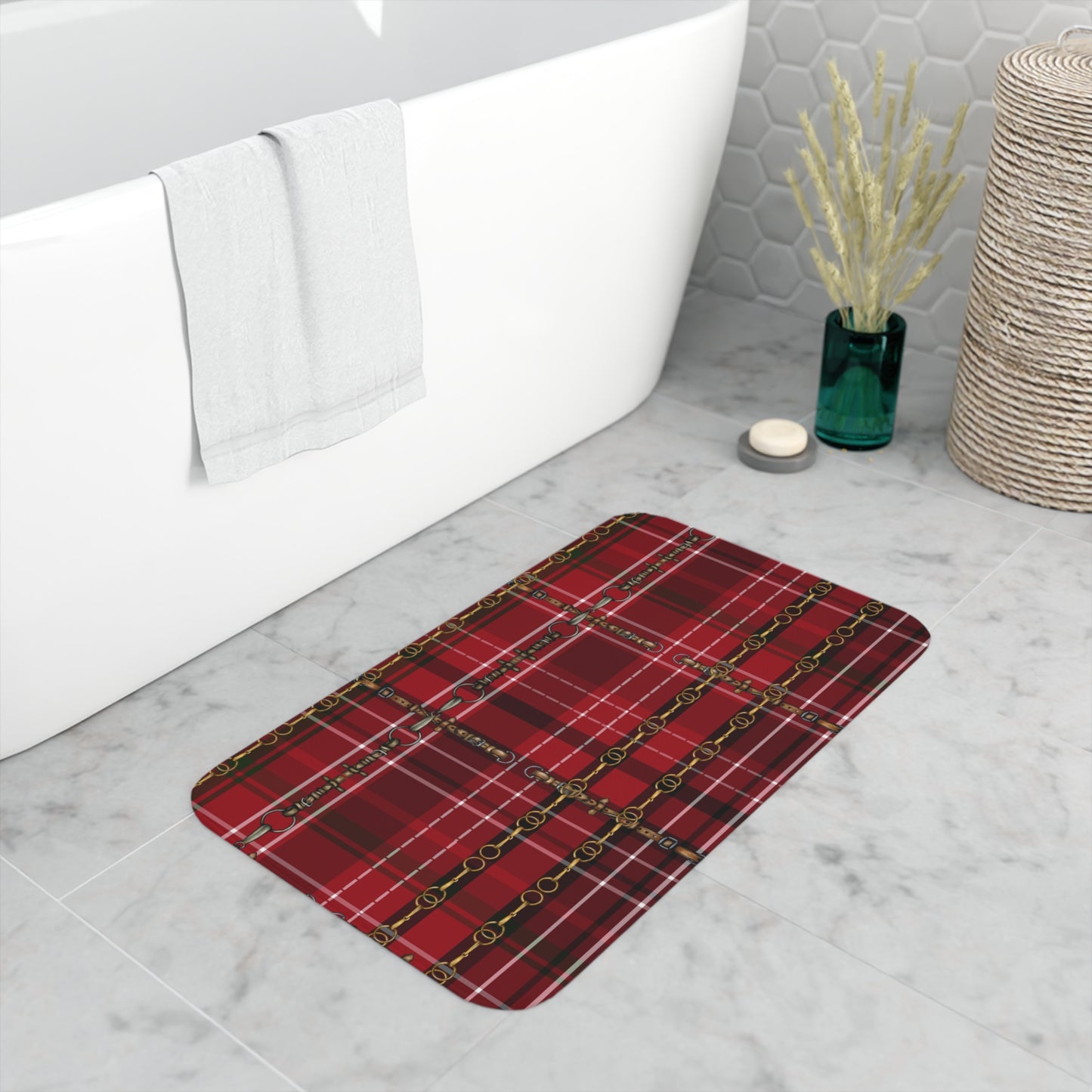 Christmas Plaid with Snaffle Bit  Memory Foam Bath Mat