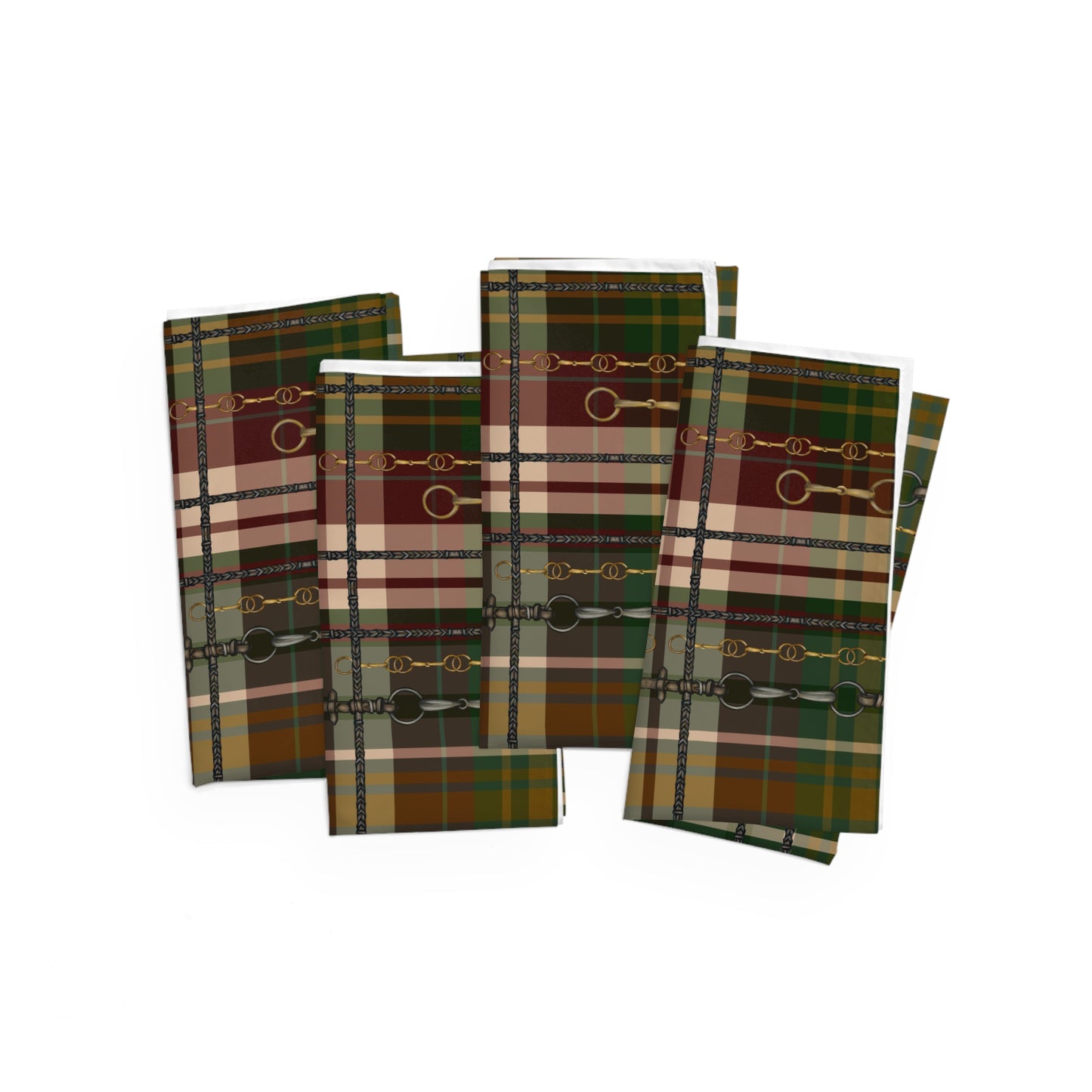 Fox and Hound Hunter Green Plaid with silver Bits and Reins Artwork  Rustic Christmas Napkins (Set of 4)