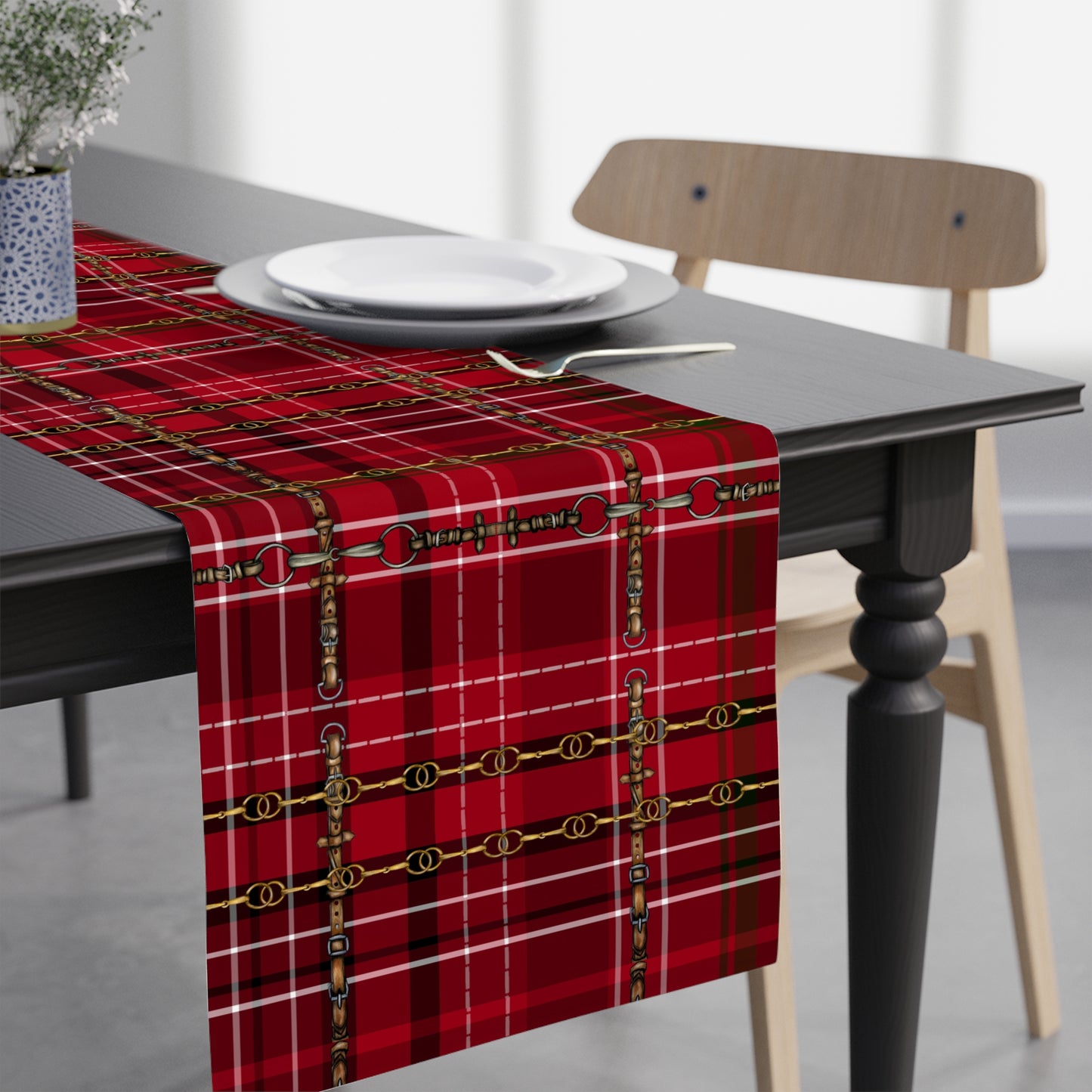 Christmas Red Plaid and Bit Motif Table Runner. incoorporate the best of both worlds-Bit Design artwork plus traditional Plaid