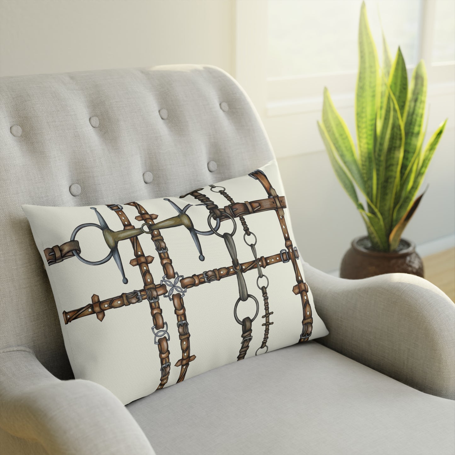 Snaffle bit motif Cushion Leather Reins Equestrian Pillow. My original Artwork