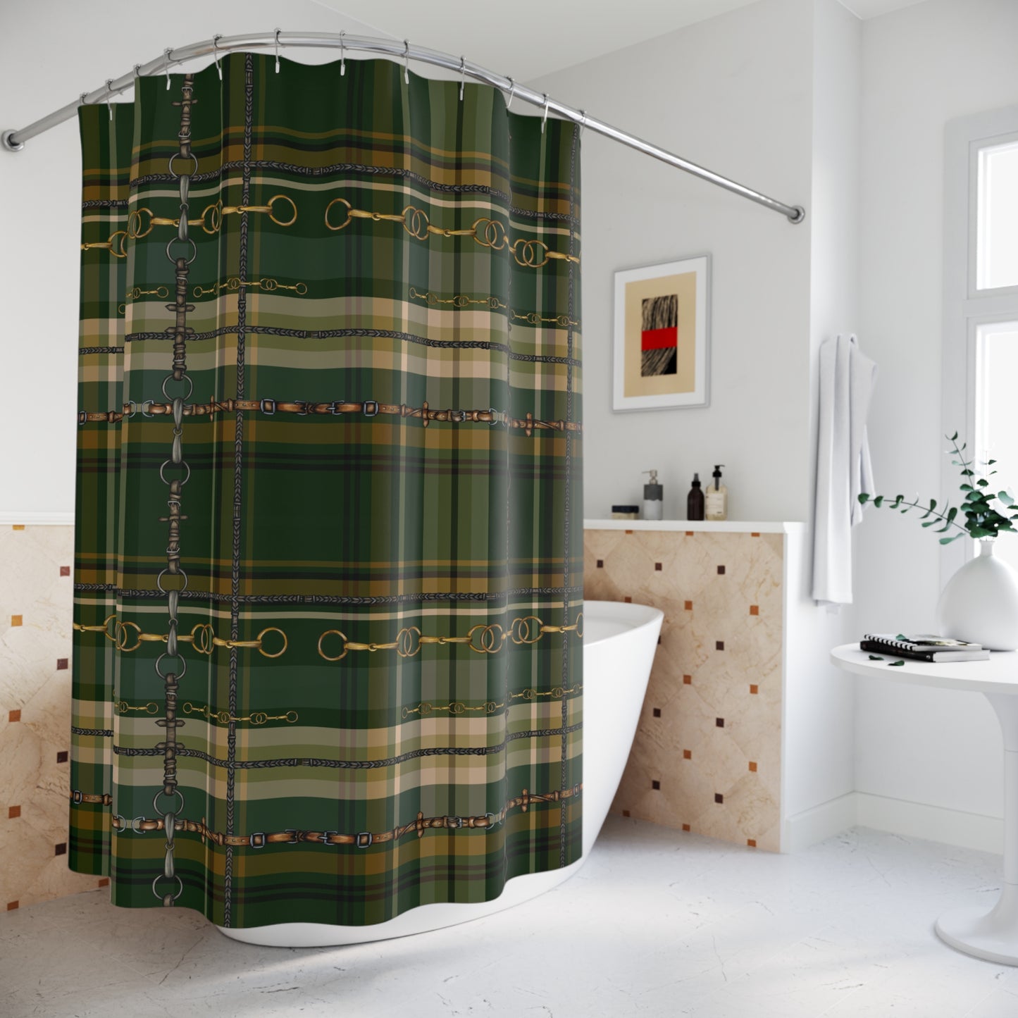 Hunter Green Plaid and Snaffle bit and stirrup pattern Polyester Shower Curtain. My original equestrian art work printed on a shower curtain.