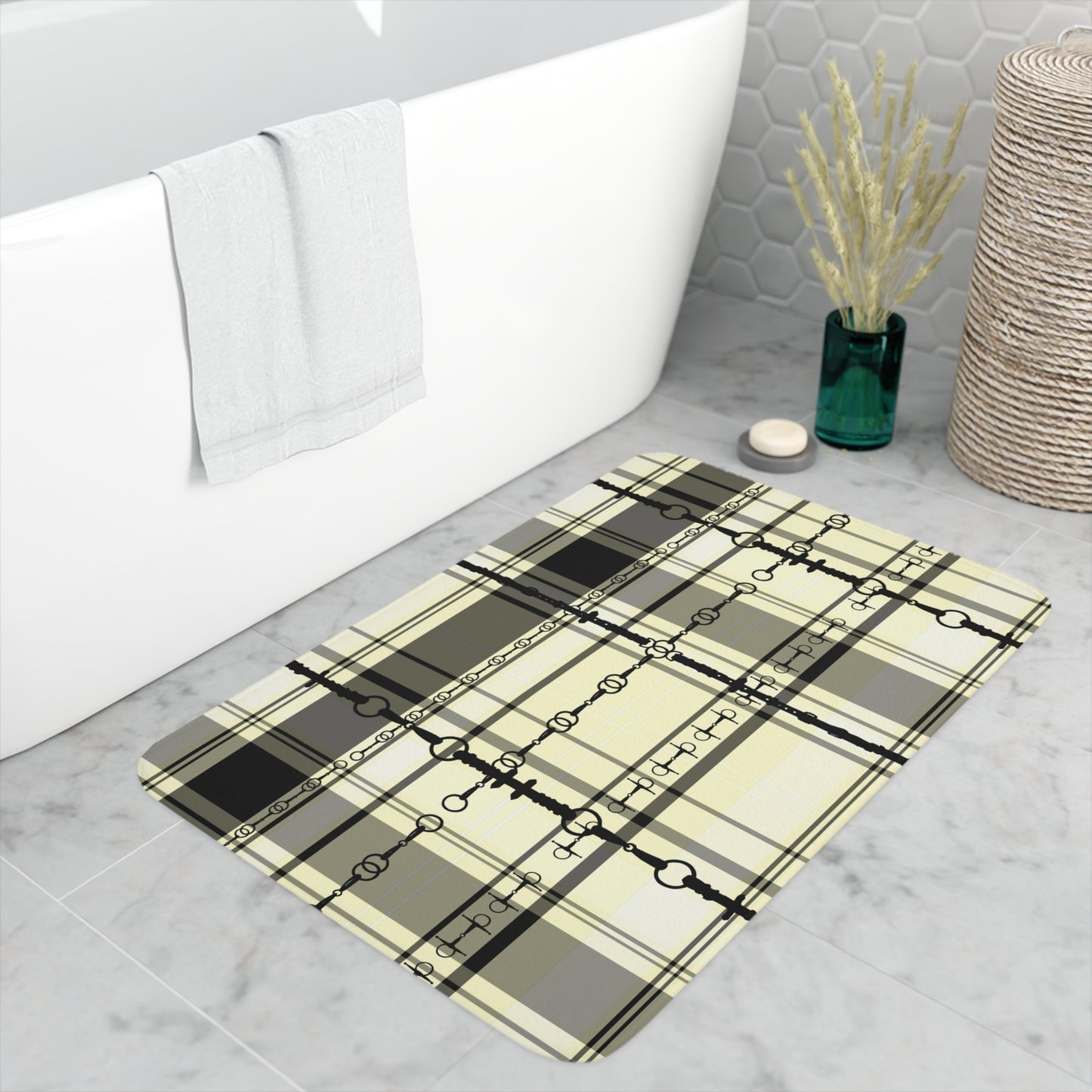 Black and Ivory Plaid with Snaffle Bit Memory Foam Bath Mat