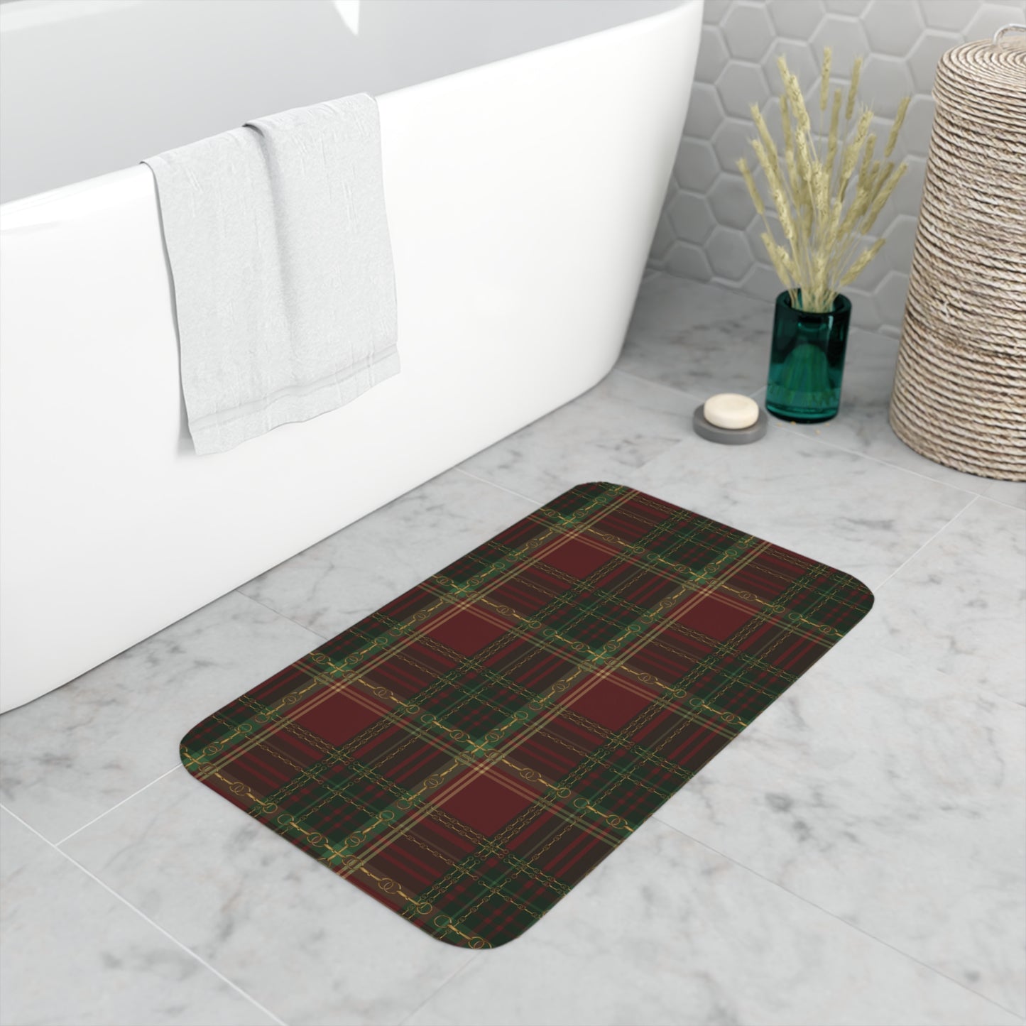 Christmas Plaid with Snaffle Bit  Memory Foam Bath Mat