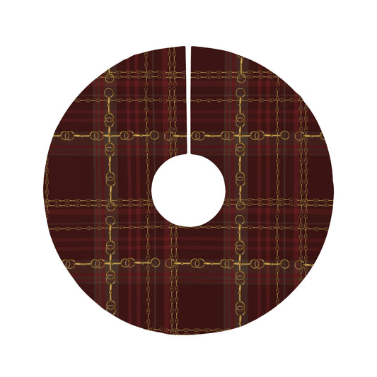 Burgundy Christmas Bit Plaid Farm House Equestrian Plaid Round Tree Skirt