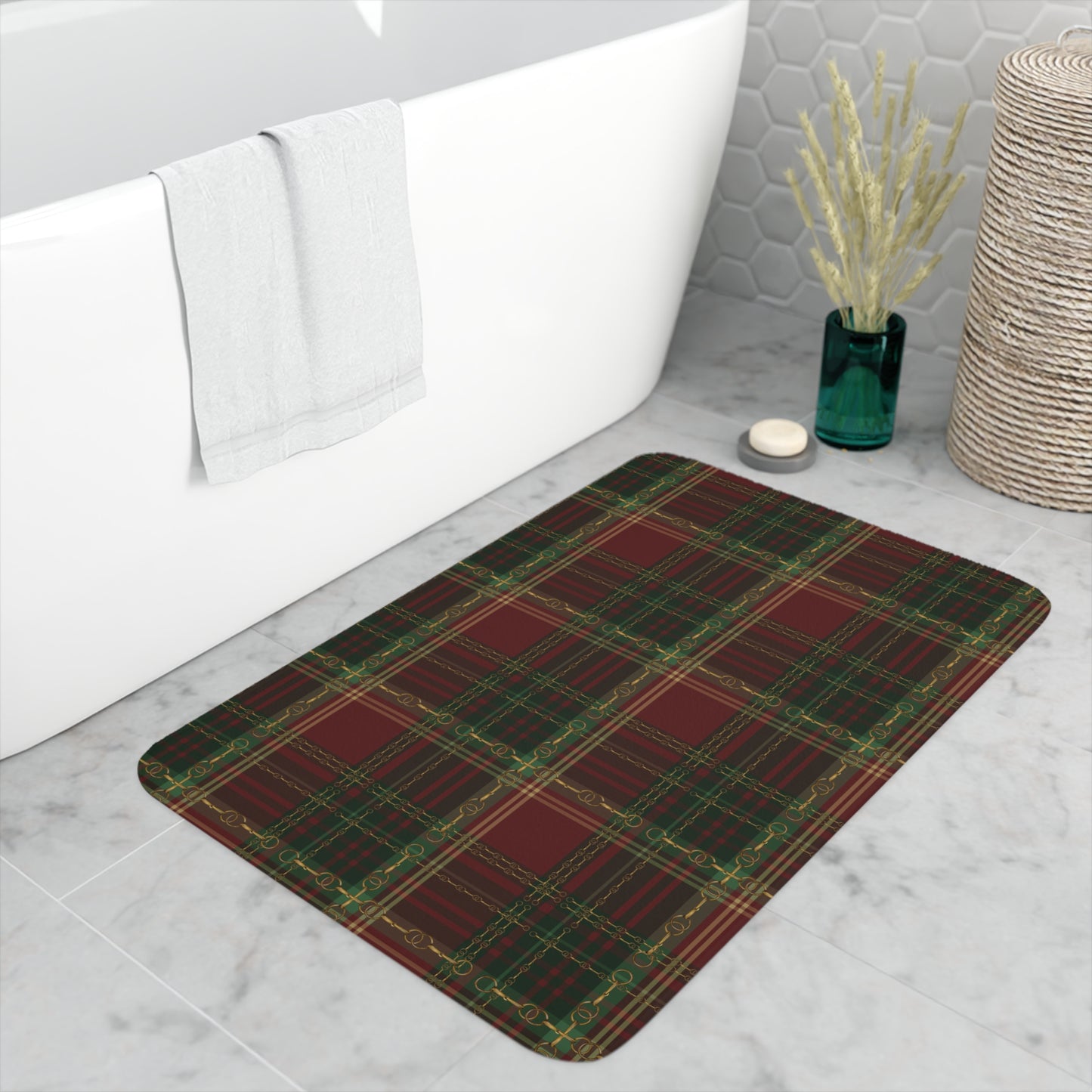 Christmas Plaid with Snaffle Bit  Memory Foam Bath Mat