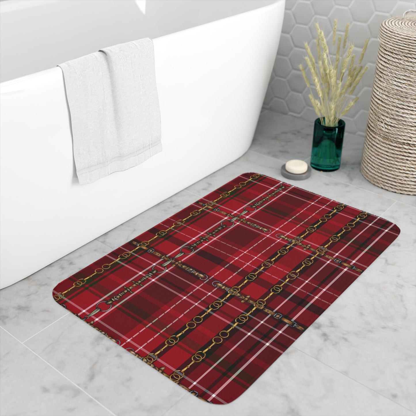 Christmas Plaid with Snaffle Bit  Memory Foam Bath Mat