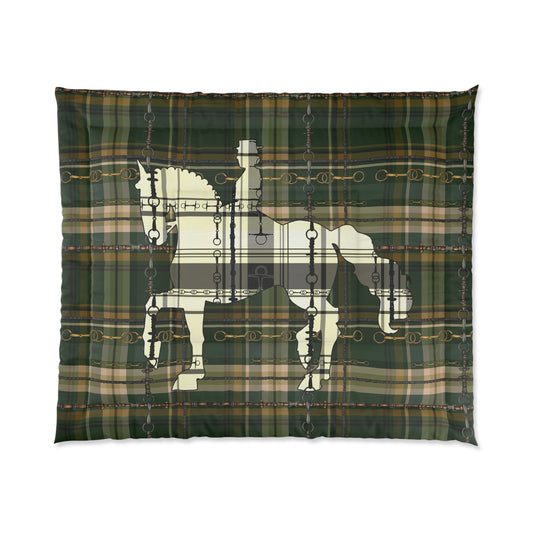 Dressage Snaffle Bit Motif over Plaid Art Comforter. Equestrian Bit and Reins art Comforter