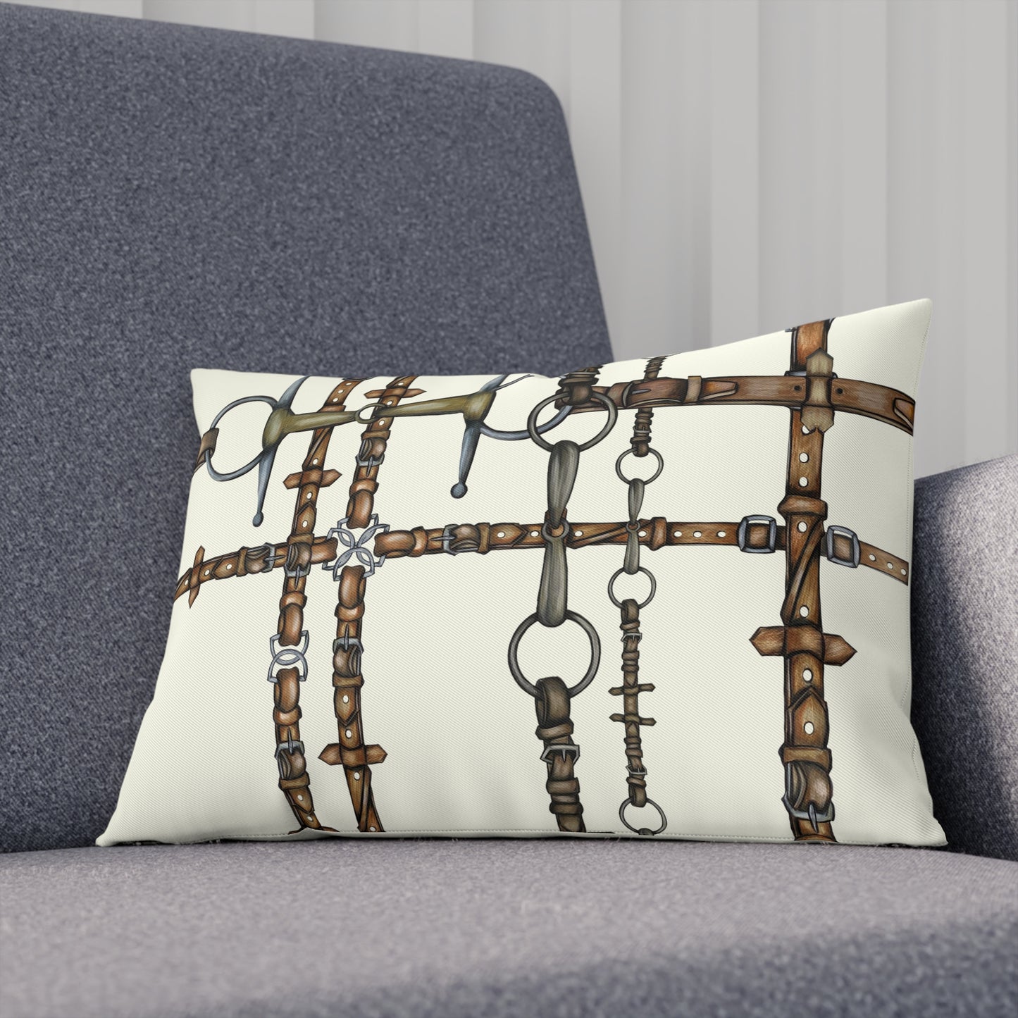 Snaffle bit motif Cushion Leather Reins Equestrian Pillow. My original Artwork