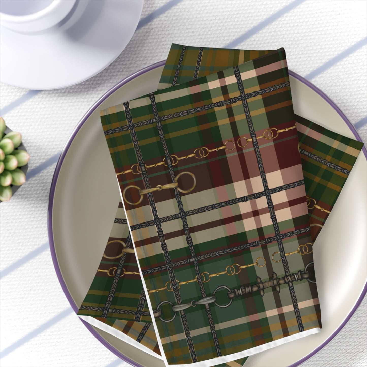 Fox and Hound Hunter Green Plaid with silver Bits and Reins Artwork  Rustic Christmas Napkins (Set of 4)