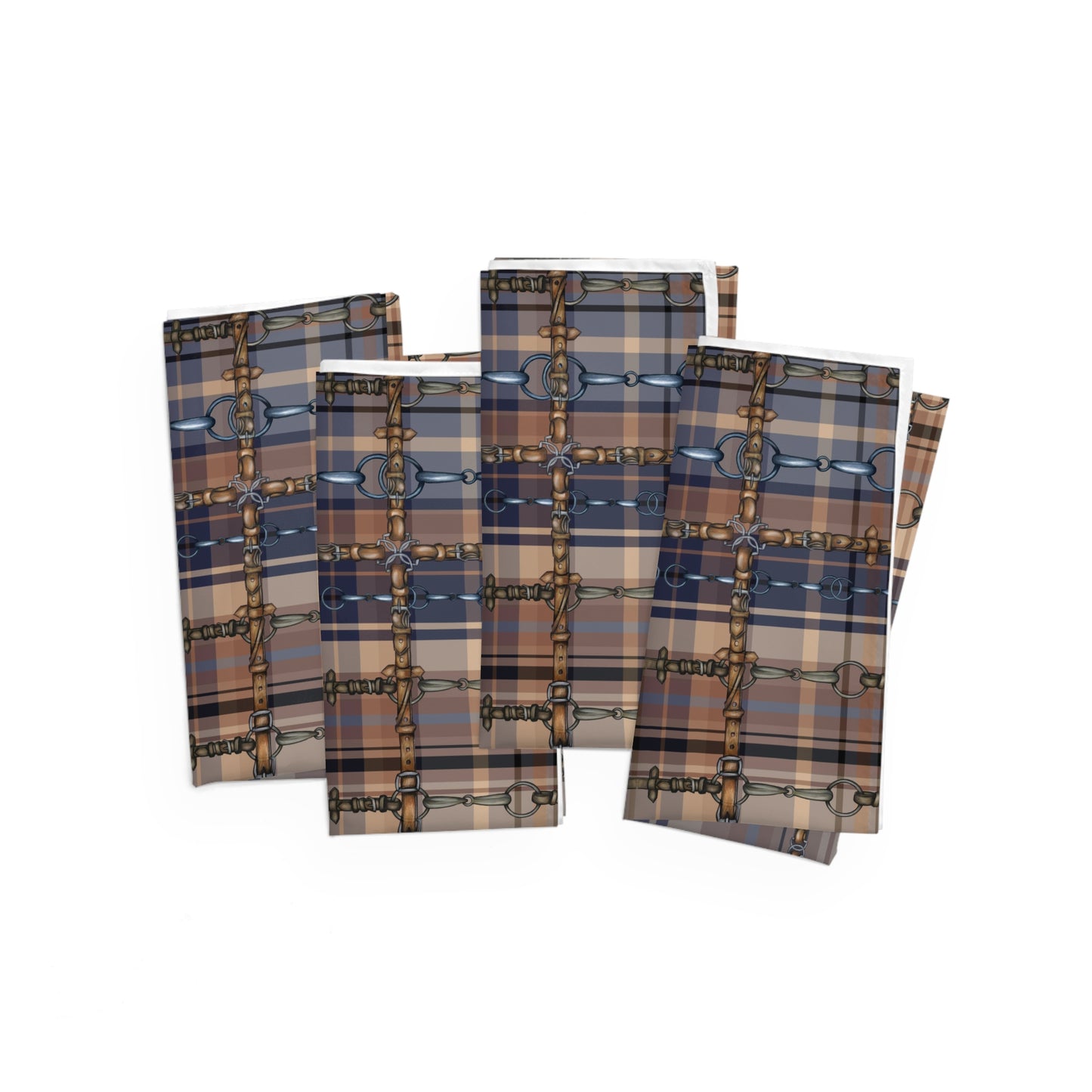 Tan and Blue Plaid with silver Bits and Reins Artwork  overlay Napkins (Set of 4) matching Runner available