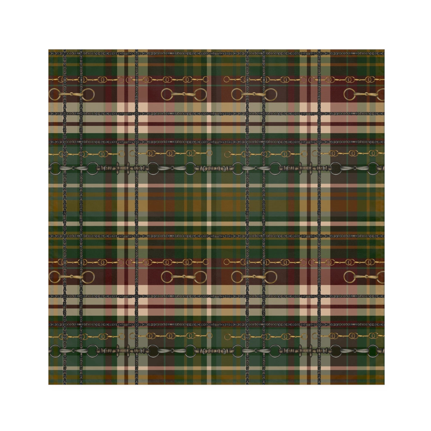 Fox and Hound Hunter Green Plaid with silver Bits and Reins Artwork  Rustic Christmas Napkins (Set of 4)