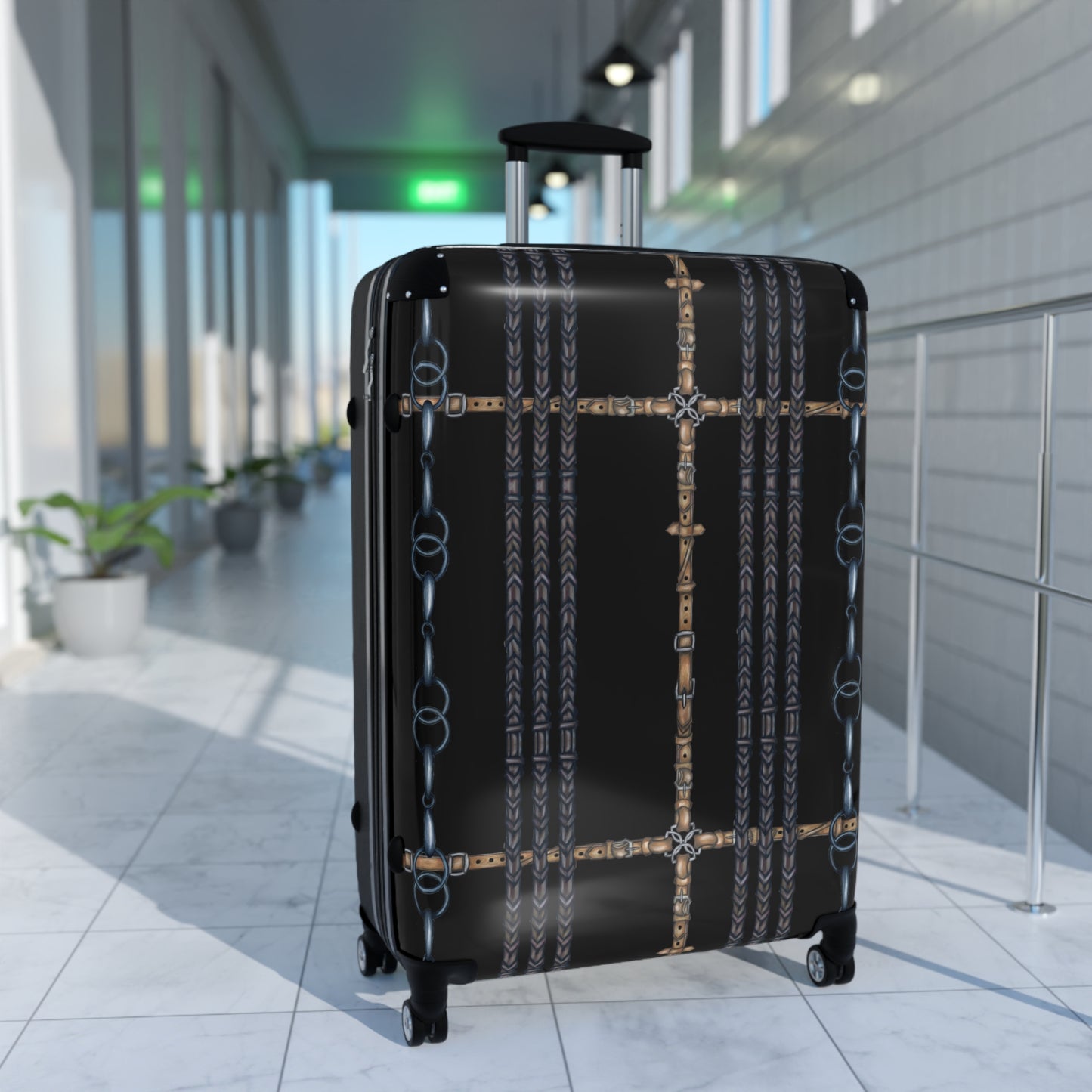 Black Equestrian Reins Pattern Suitcase