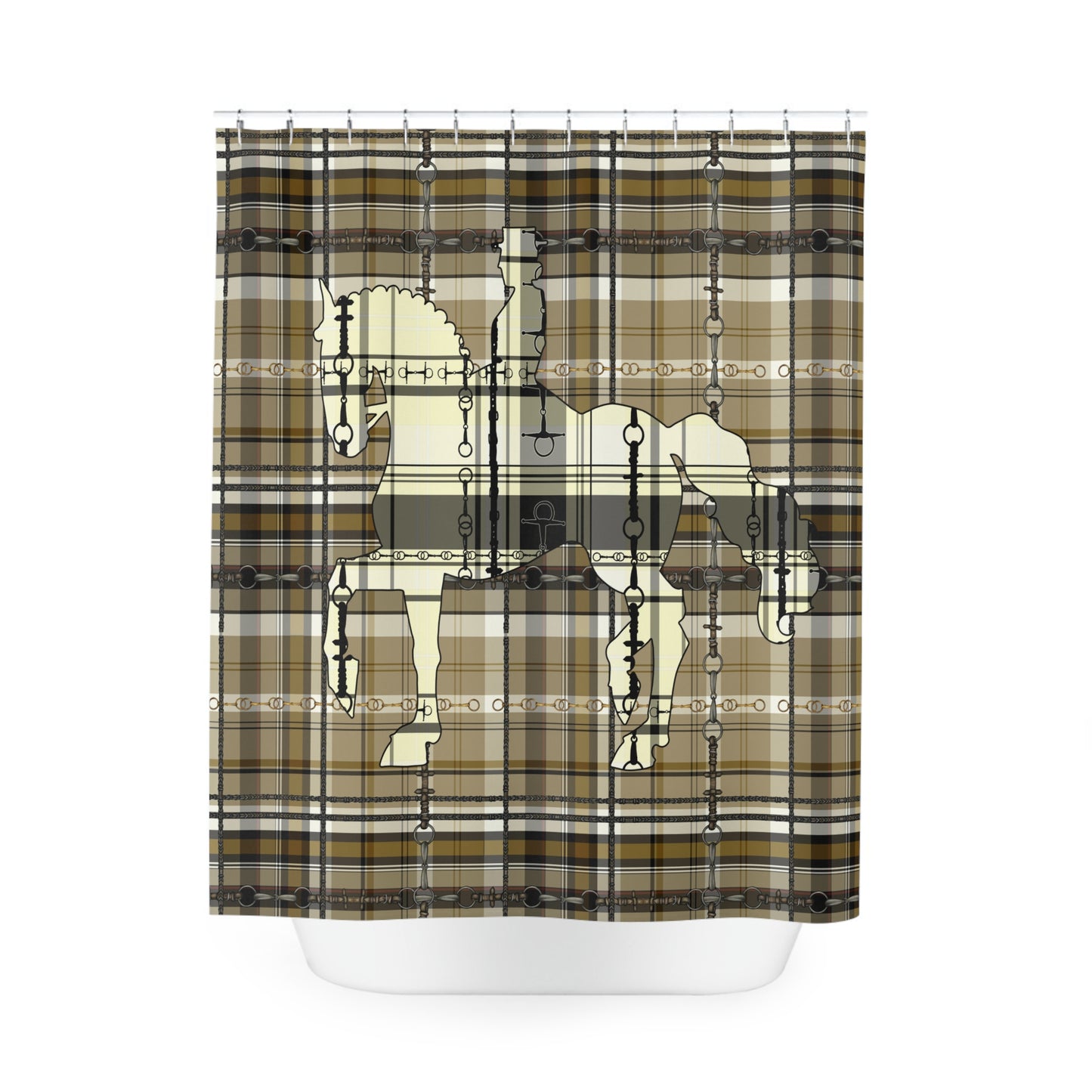 Dressage Plaid and Snaffle bit and stirrup pattern Polyester Shower Curtain. My original equestrian art work printed on a shower curtain.