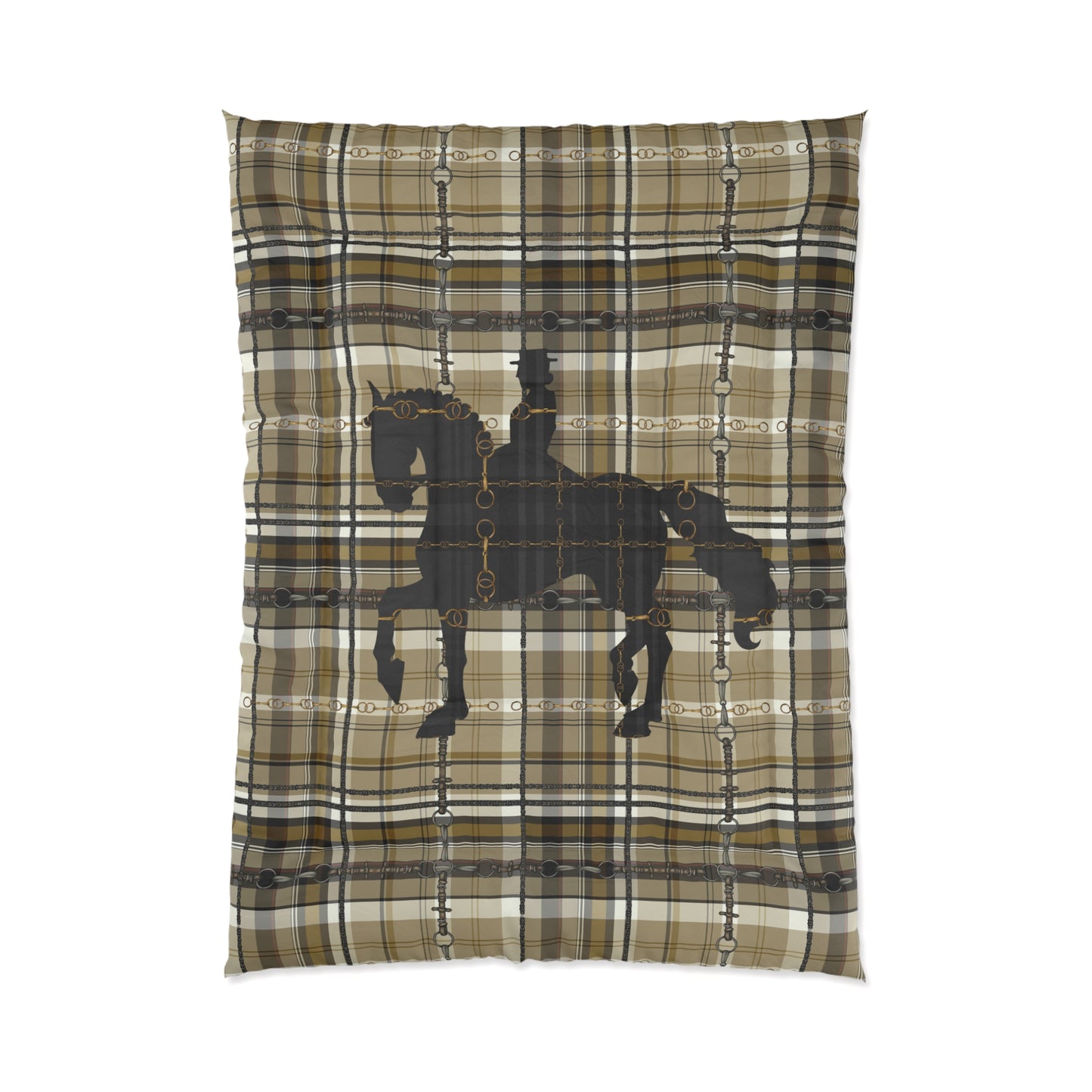 Dressage Piaffe Snaffle Bit Motif over Plaid Art Comforter. Equestrian Bit and Reins art Comforter