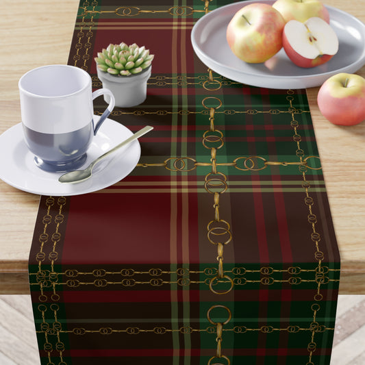 Equestrian Christmas Red Green plaid with Gold Bit design artwork overlay Motif Table Runner Trademark Pending