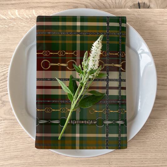 Fox and Hound Hunter Green Plaid with silver Bits and Reins Artwork  Rustic Christmas Napkins (Set of 4)