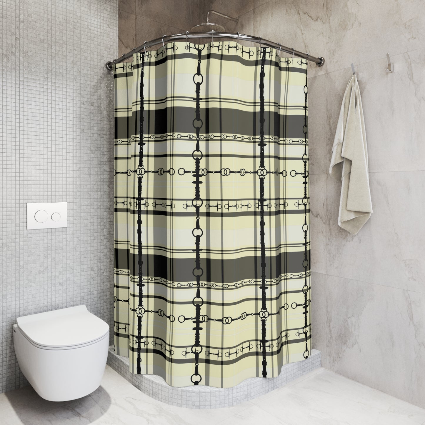 Ivory cream pale yellow Plaid with Snaffle bit pattern overlay Polyester Shower Curtain. My original equestrian art work printed on a shower curtain.