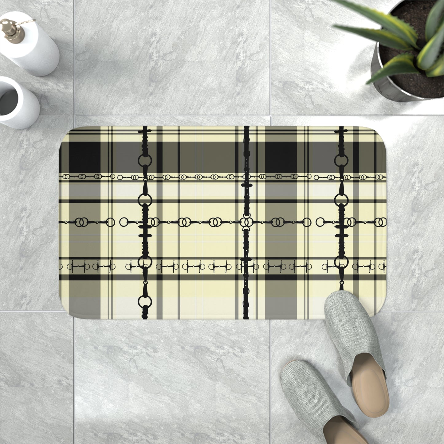 Black and Ivory Plaid with Snaffle Bit Memory Foam Bath Mat