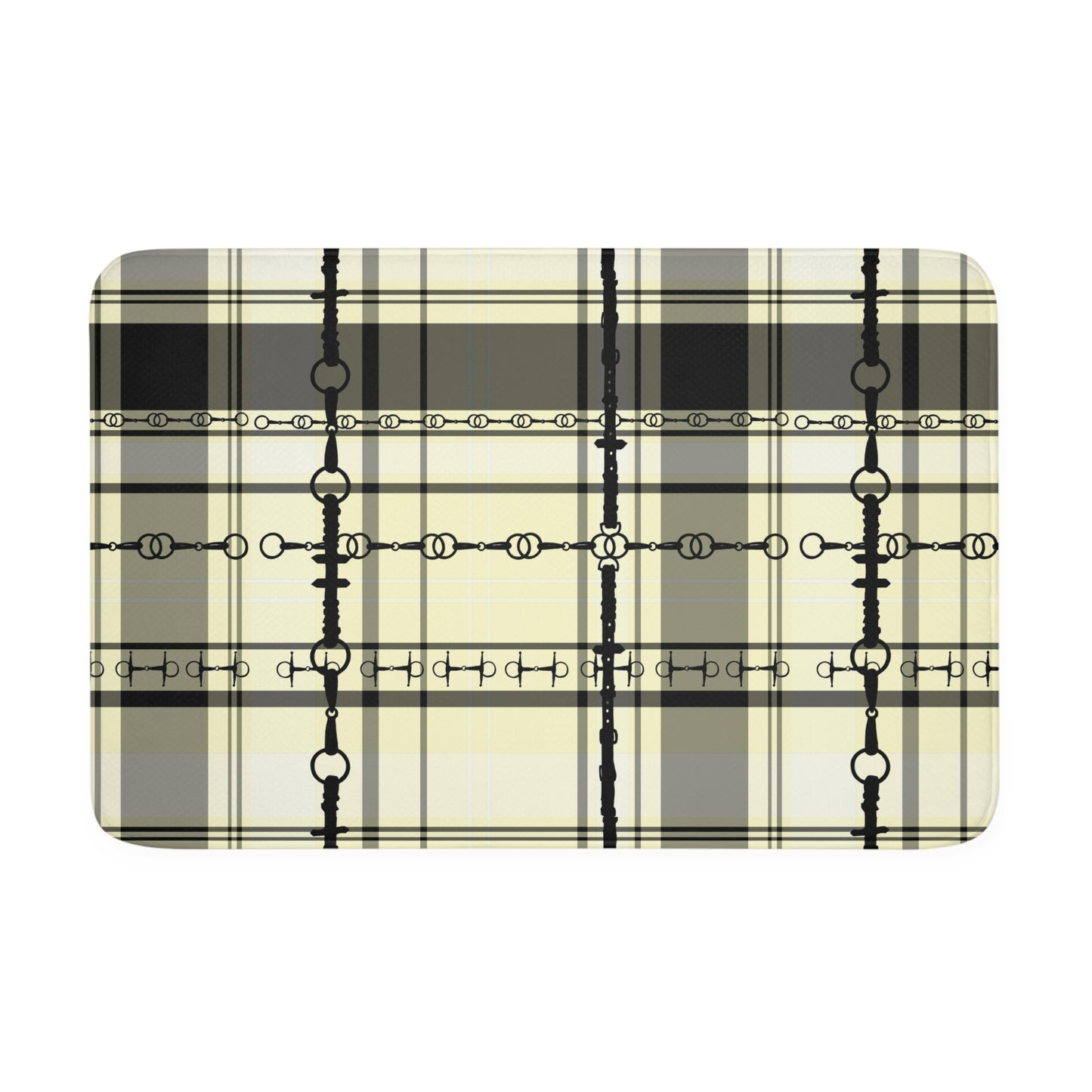 Black and Ivory Plaid with Snaffle Bit Memory Foam Bath Mat