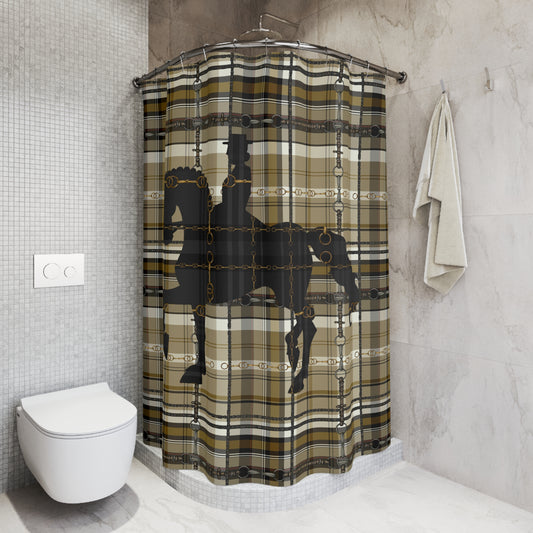 Dressage Plaid and Snaffle bit and stirrup pattern Polyester Shower Curtain. My original equestrian art work printed on a shower curtain.