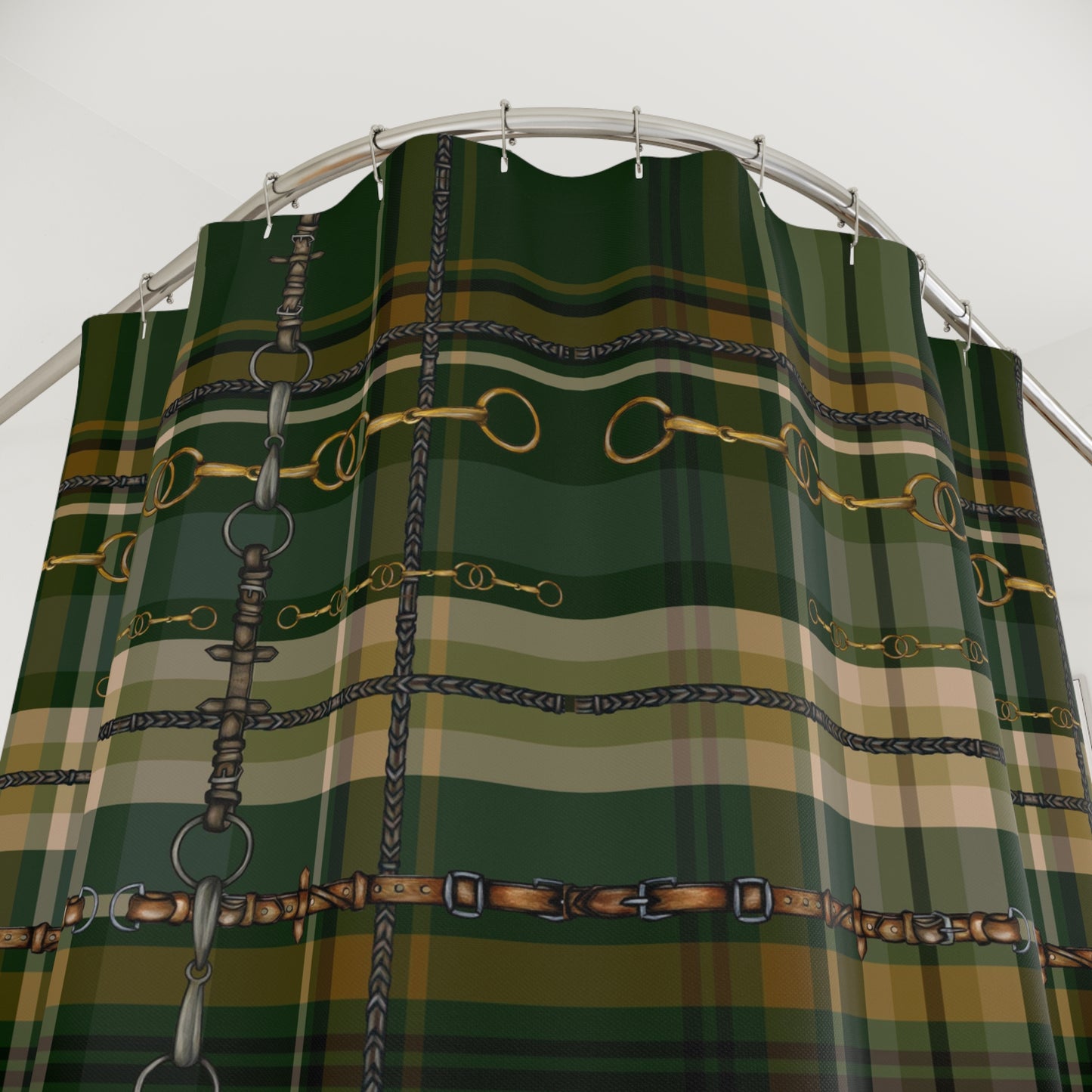 Hunter Green Plaid and Snaffle bit and stirrup pattern Polyester Shower Curtain. My original equestrian art work printed on a shower curtain.