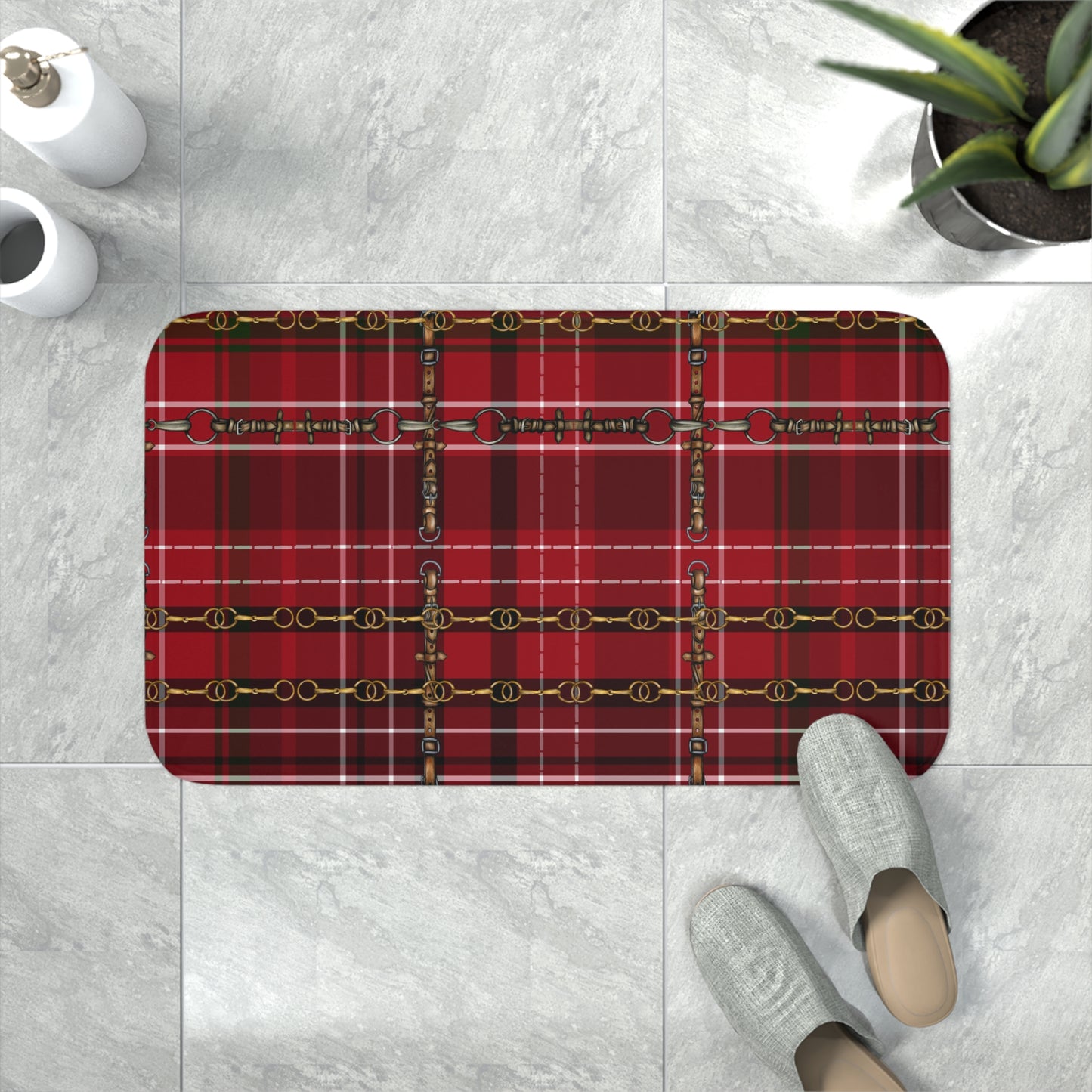 Christmas Plaid with Snaffle Bit  Memory Foam Bath Mat