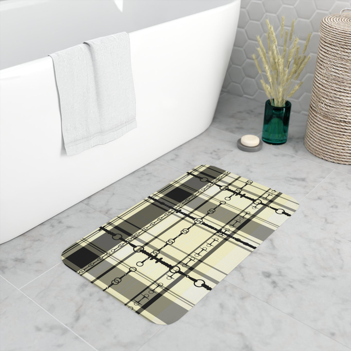 Black and Ivory Plaid with Snaffle Bit Memory Foam Bath Mat