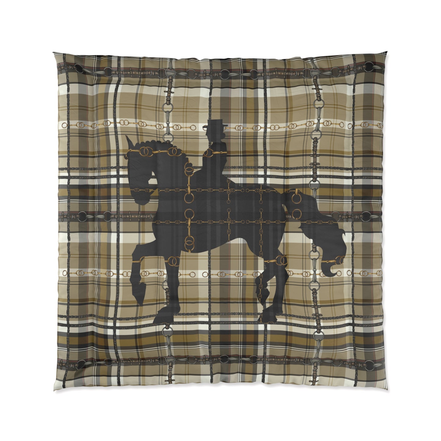 Dressage Piaffe Snaffle Bit Motif over Plaid Art Comforter. Equestrian Bit and Reins art Comforter