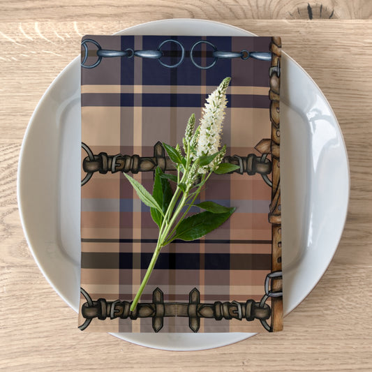 Tan and Blue Plaid with silver Bits and Reins Artwork  overlay Napkins (Set of 4)