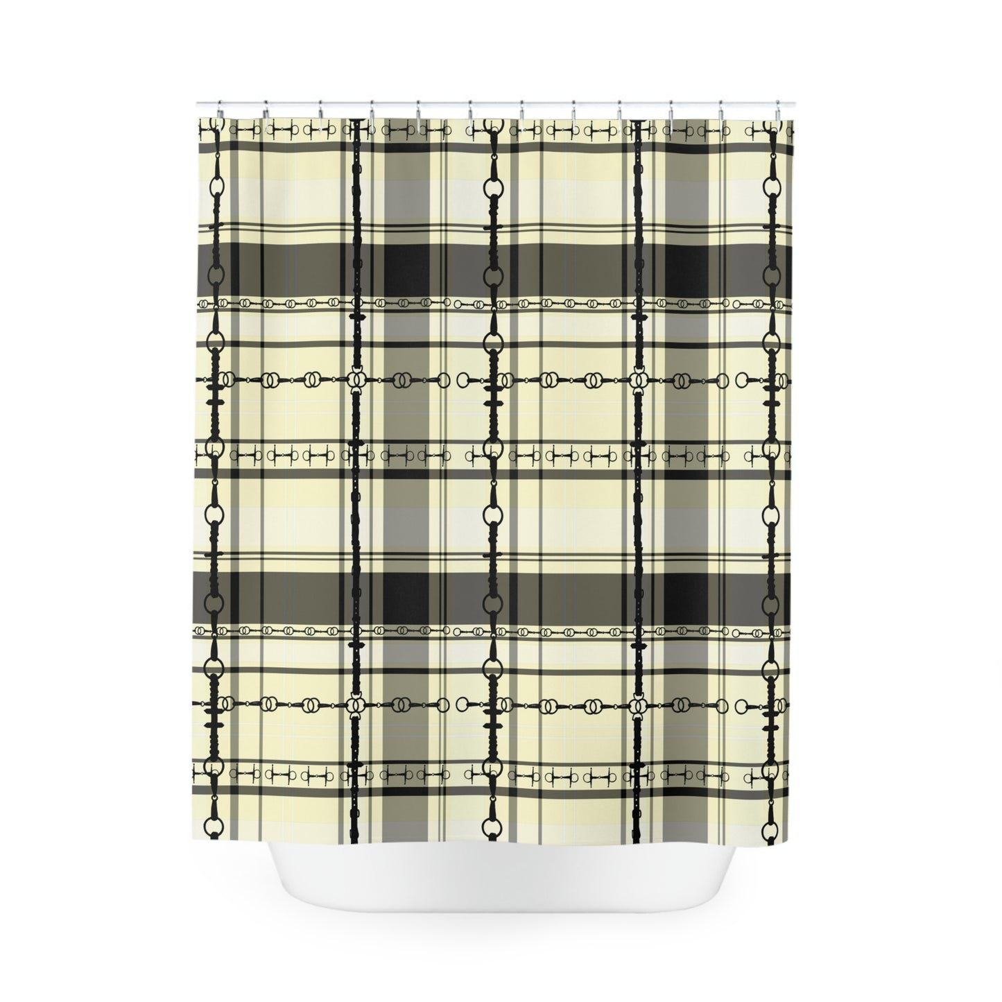 Ivory cream pale yellow Plaid with Snaffle bit pattern overlay Polyester Shower Curtain. My original equestrian art work printed on a shower curtain.