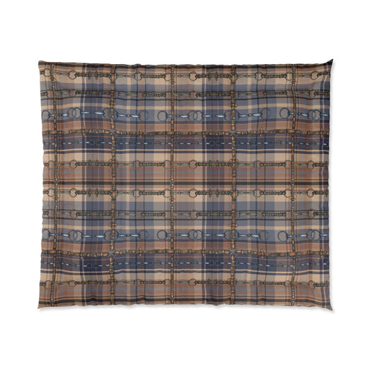 Snaffle Bit Motif over Plaid Art Comforter. Equestrian Bit and Reins art Comforter