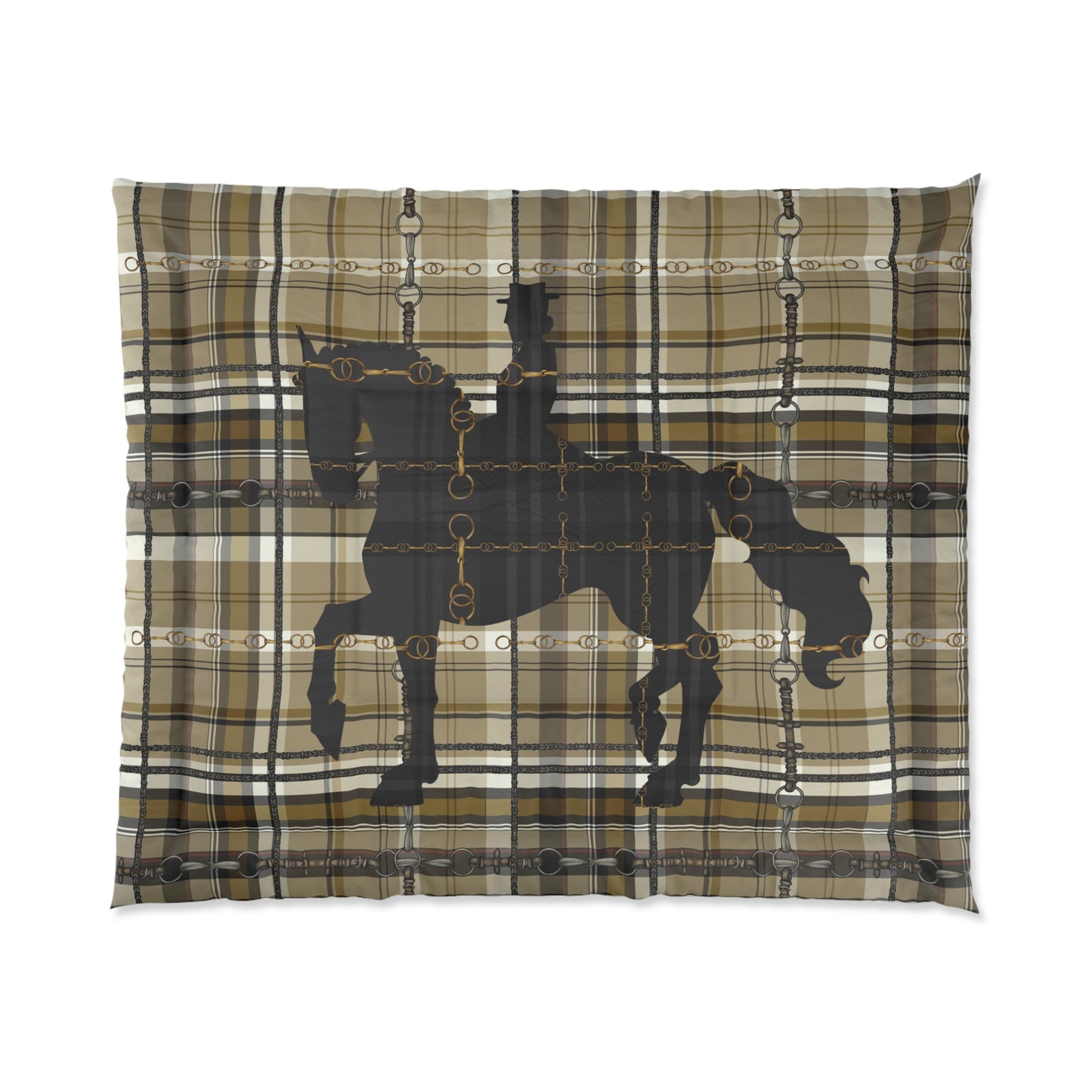 Dressage Piaffe Snaffle Bit Motif over Plaid Art Comforter. Equestrian Bit and Reins art Comforter