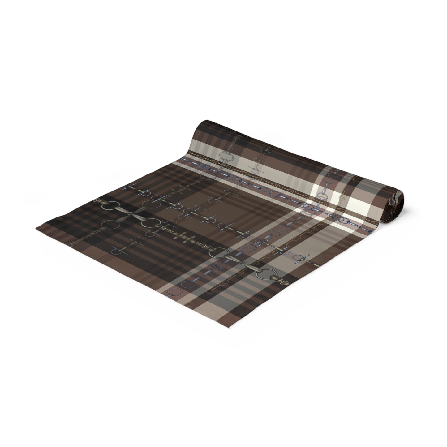 Black Brown Cream Plaid and Bit Motif Table Runner. Incoorporate the best of both worlds-Bit Design artwork plus traditional Plaid